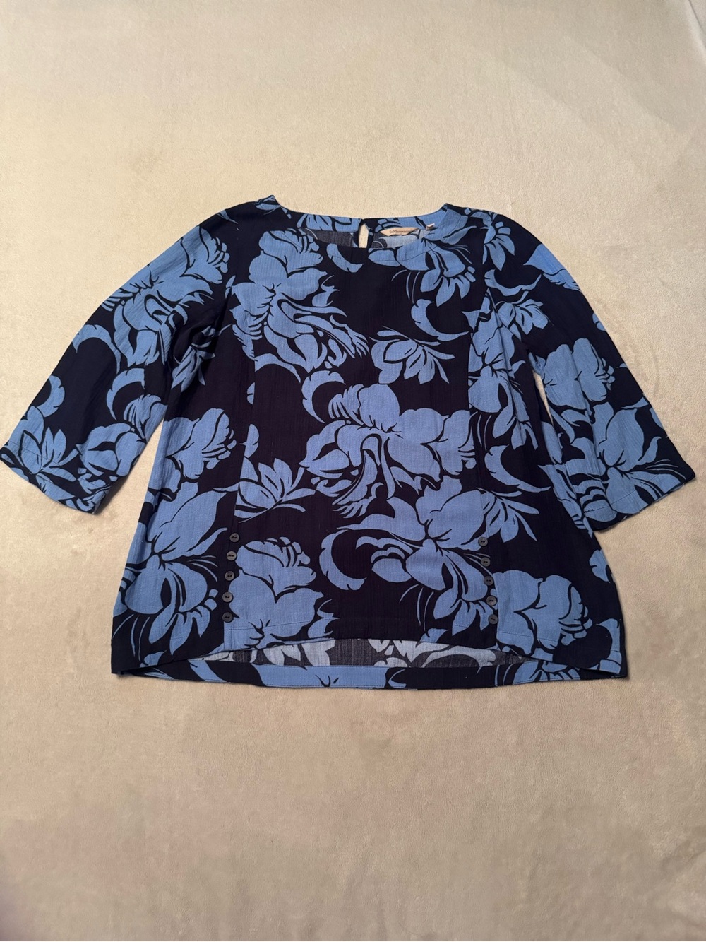Soft Surroundings Oceo Gauze Tunic Top Navy with Light Blue Floral Print